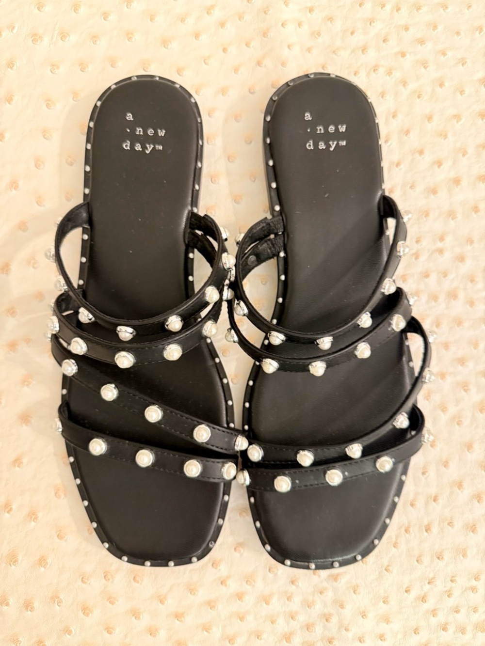 a new day Black Pearl-Studded Multi-Strap Slide Sandals